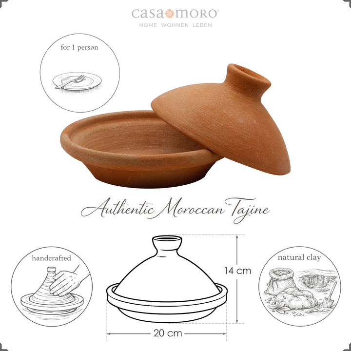 Tagine 20 cm savesta ja savesta, lasittamaton marokkolaisena vuokaastiana 1 hengelle