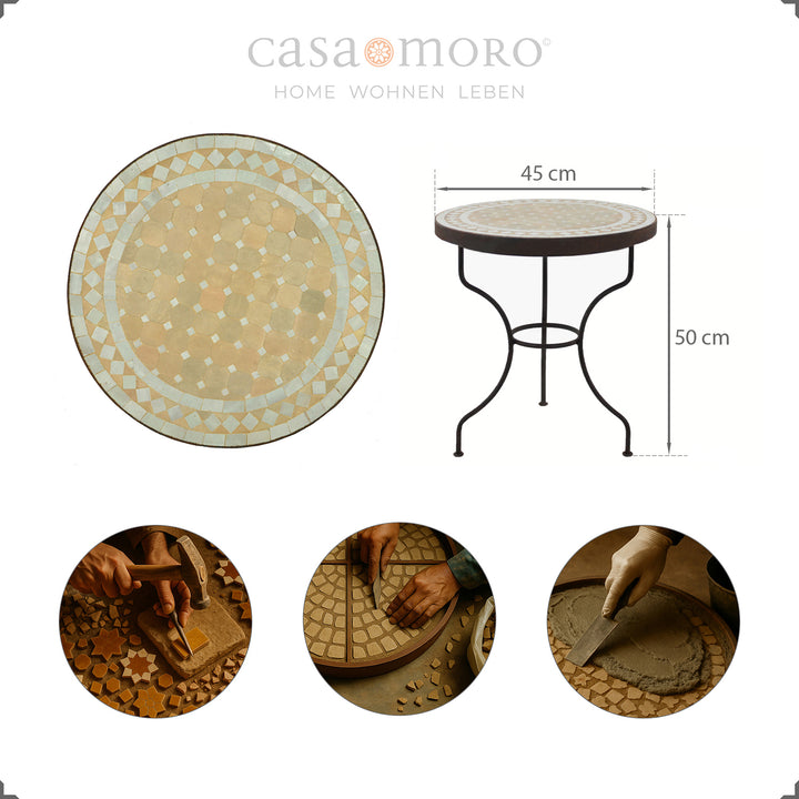 Pyöreä mosaiikkipöytä valkoisilla terrakottakeraamisilla laatoilla, käsintehty Marrakechissa