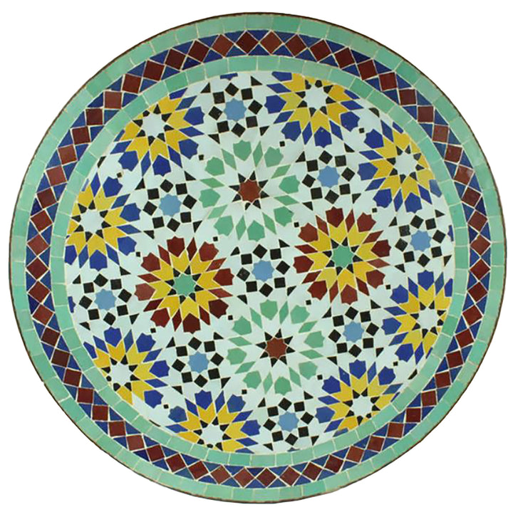 Bistropöytä pyöreä 60 cm, monivärinen zellige-mosaiikki keltaisena, viininpunaisena, turkoosina ja sinisenä - käsintehty Marokosta