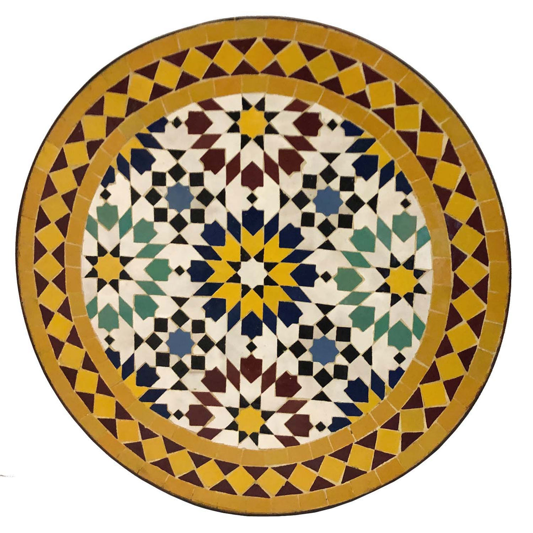 Sohvapöytä pyöreä 45 cm monivärisellä Zellige-mosaiikilla keltaisena, viininpunaisena ja turkoosina