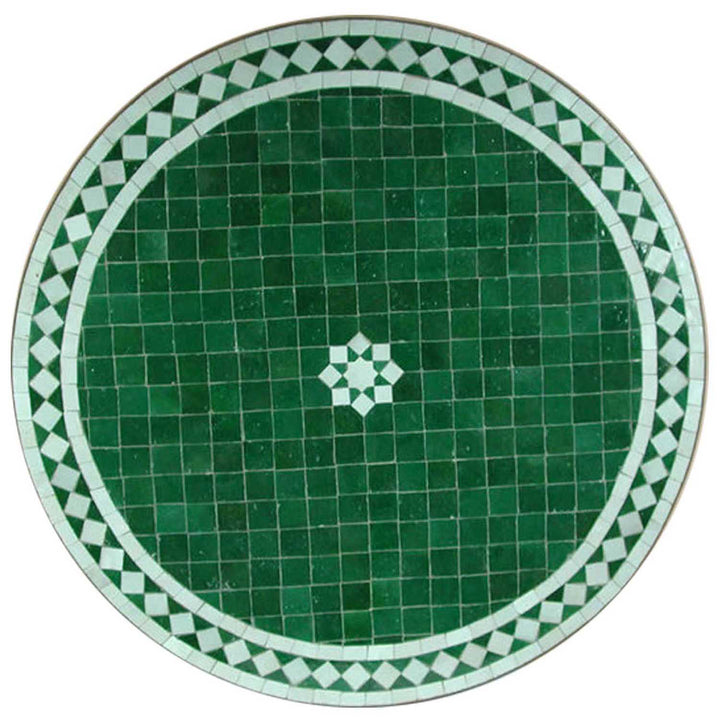 Pyöreä mosaiikkipaneeli 60 cm zellige-laatoista tummanvihreänä ja valkoisena