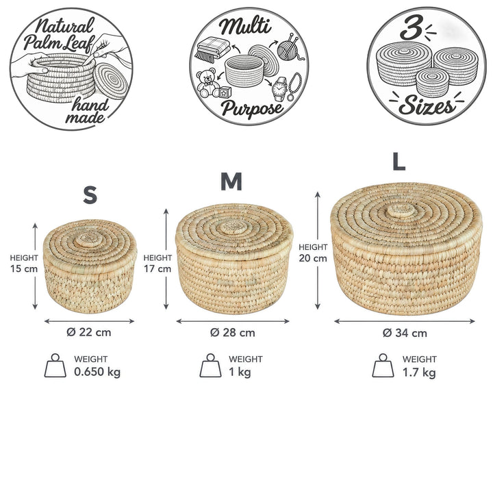 Palmulehtikorit kannella: S Ø 22 × 15 cm, 3,5 litraa; M Ø 28 × 17 cm, 7 litraa; L Ø 34 × 20 cm, 15 litraa tilavuutta.