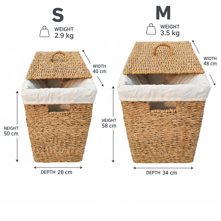 Säilytyskori kannella: S, tilavuus 50 litraa, 40×28×50 cm, 2,9 kg; M, tilavuus 90 litraa, 48×34×58 cm, 3,5 kg (L×S×K).