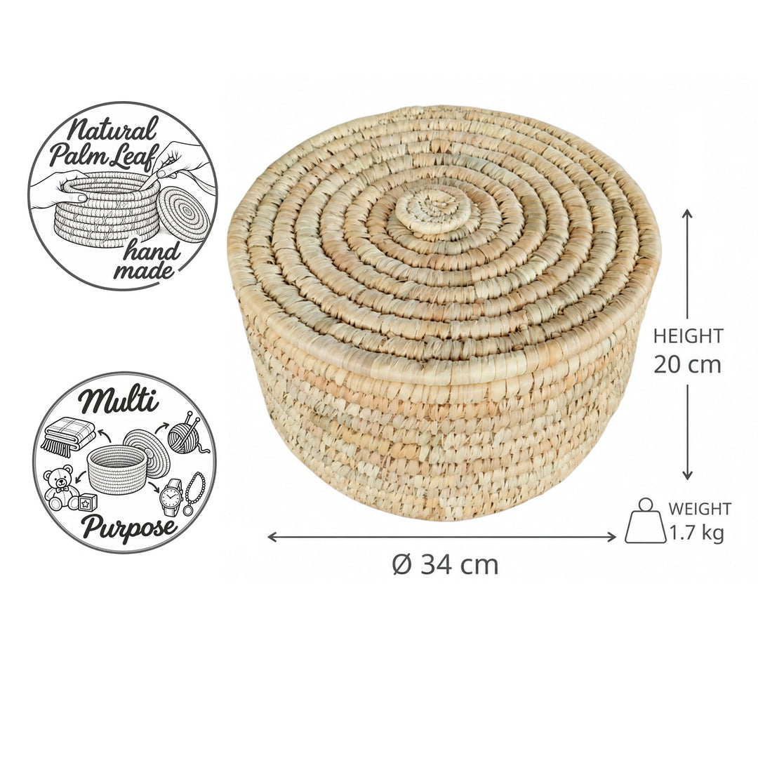 Säilytyskori, jossa on palmulehdestä valmistettu kansi, koko L: halkaisija 34 cm, korkeus 20 cm, tilavuus 15 litraa ja paino 1,7 kg.