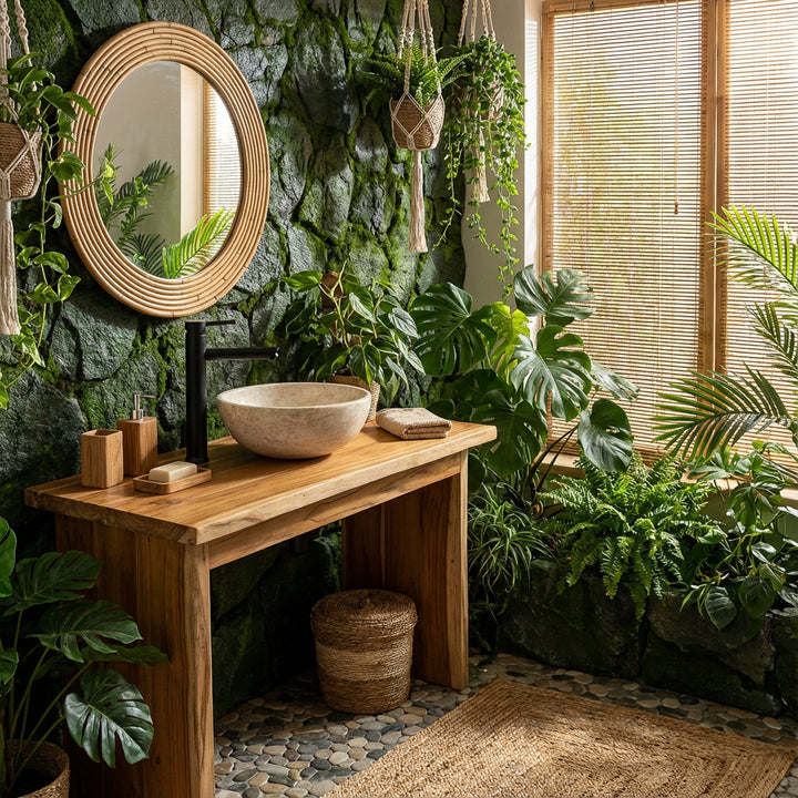 Vaaleasta kivestä valmistettu pyöreä pöytäallas puisella pesualtaalla mustilla kalusteilla vihreään kylpylätunnelmaan