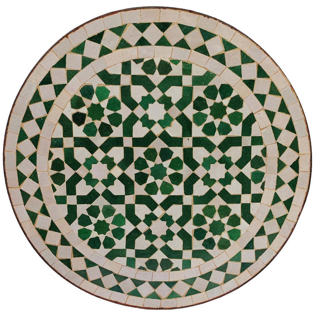 Parvekepöytä pieni pyöreä 45 cm vihreä ja valkoinen zellige mosaiikki ja itämainen kuvio