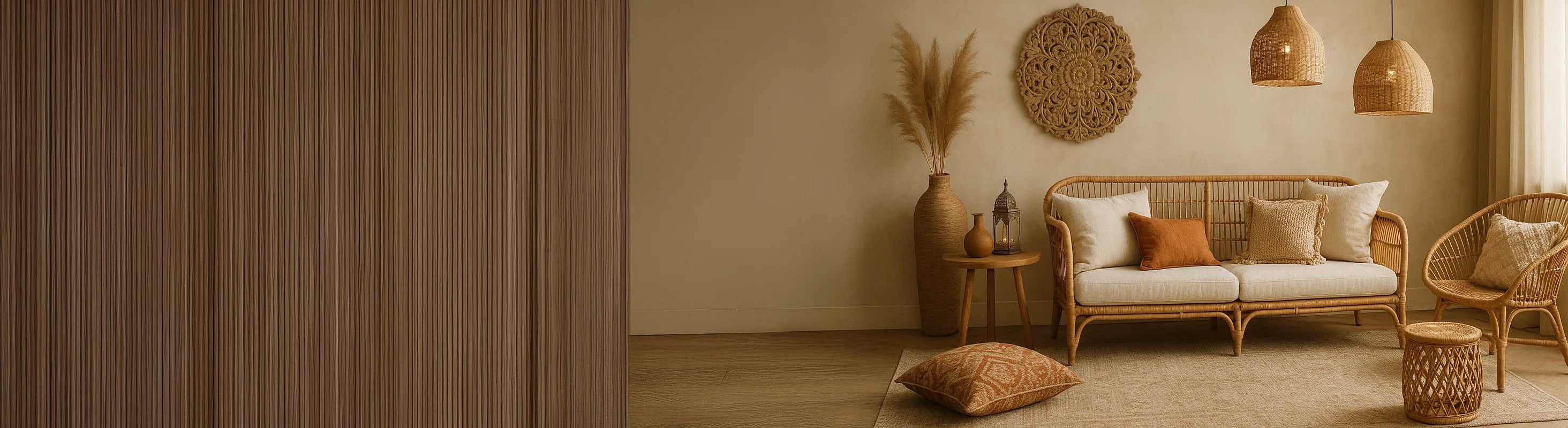 Boho tyyli – Boho Style Chic Wohnzimmer mit Rattanmöbeln, Naturtönen, gewebten Kissen, geflochtenen Lampen und marokkanischen Dekoakzenten