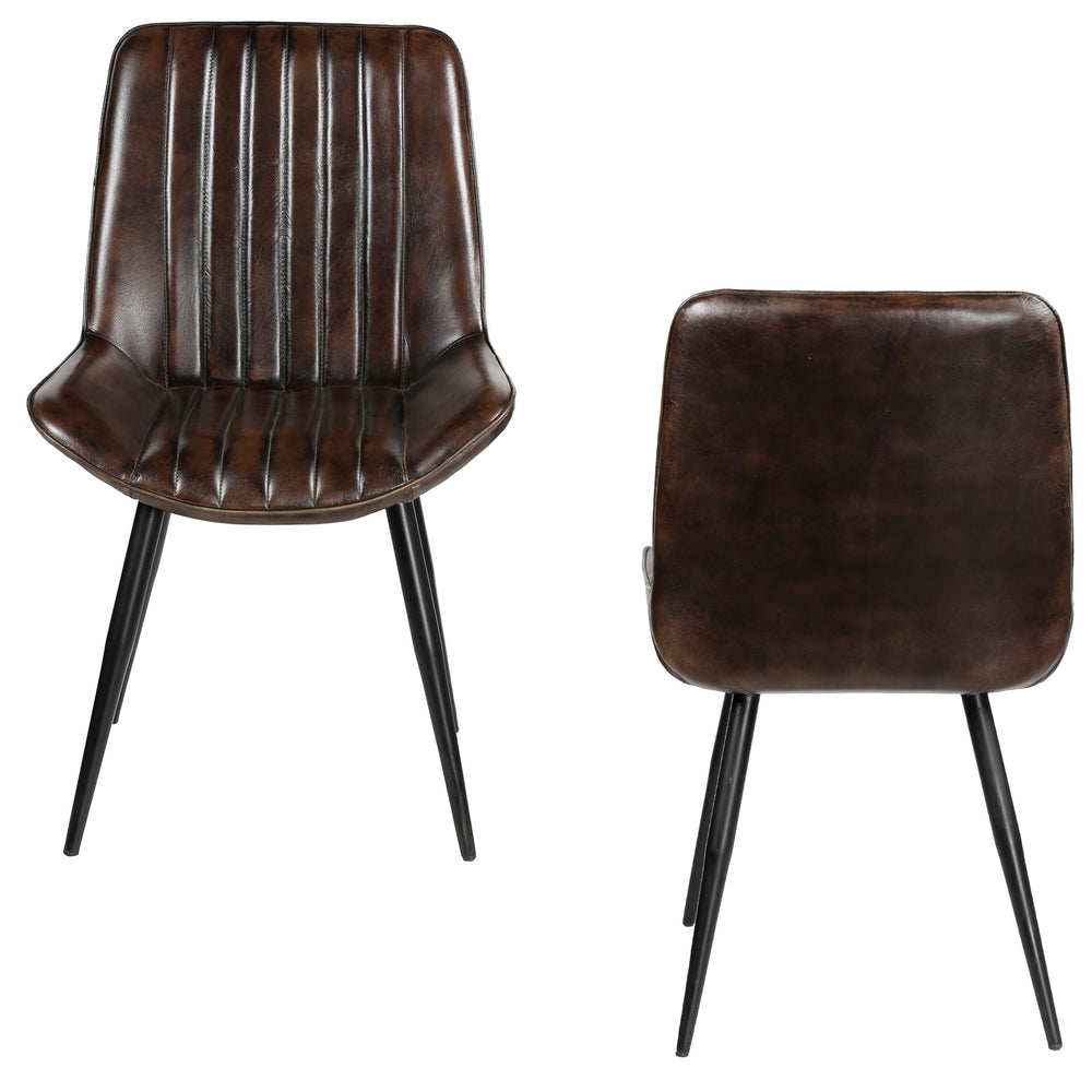 Etu- ja takanäkymät antiikkiruskeasta aitoa nahkaa olevasta ruokatuolista, jossa on mustaksi maalatut metallijalat