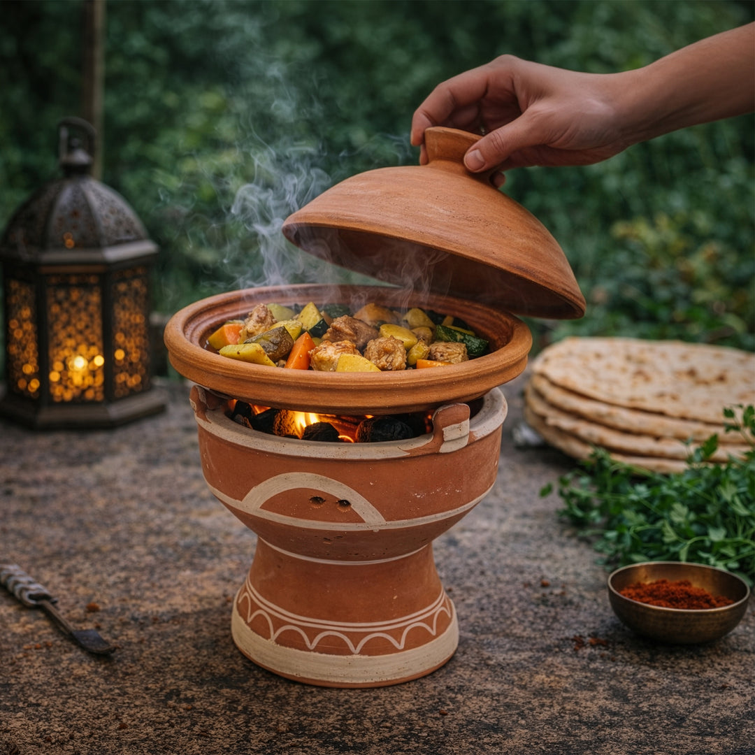 Tagine mejmar savilämmittimellä hiilelle, marokkolainen pöytägrilli avohiilloksella taginelle
