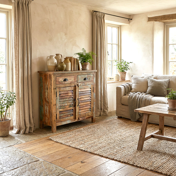Olohuoneessa vanhasta massiivipuusta valmistettu vintage highboard, kevyet tekstiilit, luonnollinen elinympäristö
