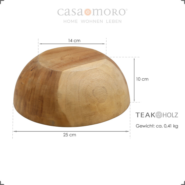 Tiikkikulho, jonka mitat – Ø 25 cm, korkeus 10 cm, paino n. 0,41 kg