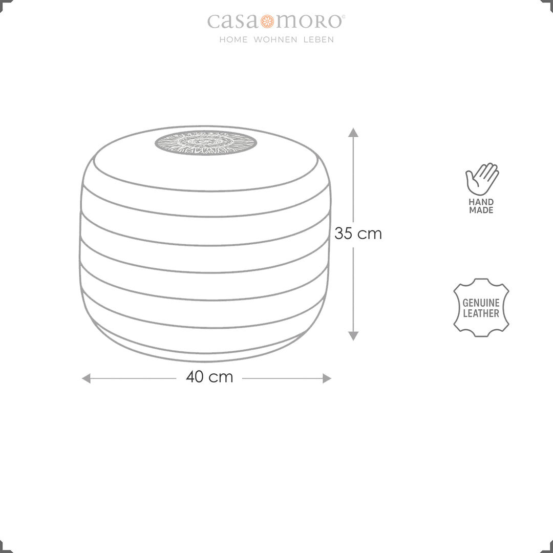 Luonnos pyöreästä nahkapussista, jonka mitat ovat Ø 40 cm ja korkeus 35 cm, sekä käsityön ja aidon nahan ikonit - Casa Moro Design.