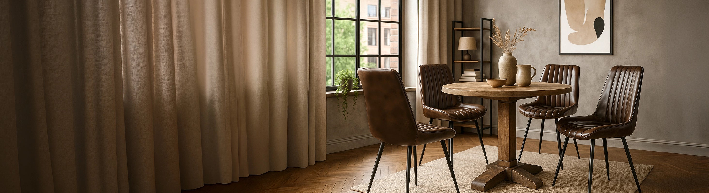 Nahkaiset tuolit – lederstuehle aus braunem leder am runden esstisch im wohnzimmer – esszimmerstuehle mit metallgestell in modernem wohnraum