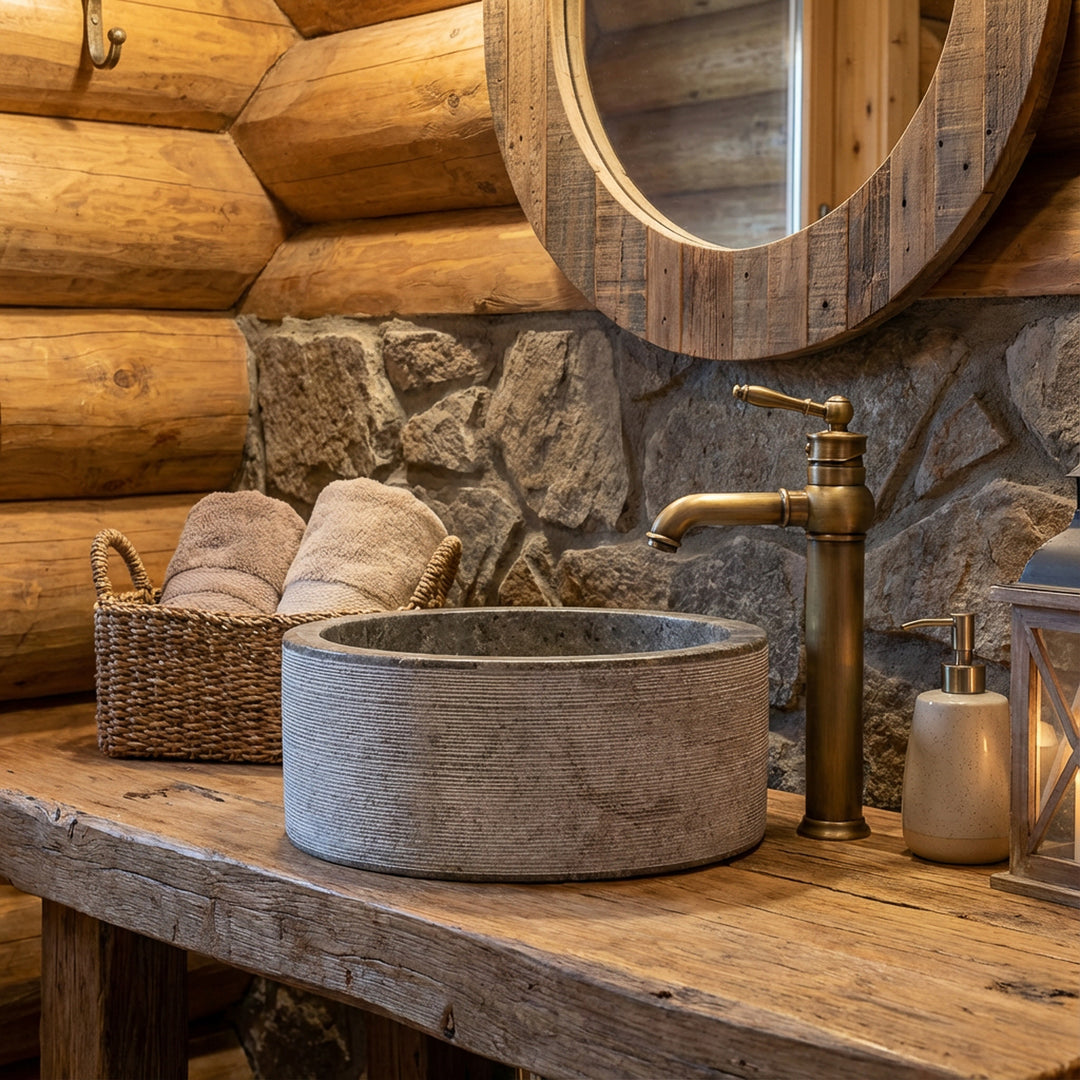 Pyöreä marmorinen pesuallas maalaismaisessa puisessa konsolissa messinkiset varusteet kodikkaassa chalet-kylpyhuoneessa, lämpimästi valaistu.