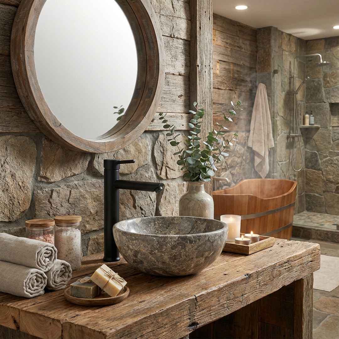 Maalaismaisen kylpyläkylpyhuoneen massiivipuupöydällä pyöreä luonnonkivestä valmistettu pesuallas harmaanruskealla puupöydällä yhdistettynä mustiin kalusteisiin, puiseen kylpyammeeseen, kynttilöiden ja luonnonkiviseinien kanssa