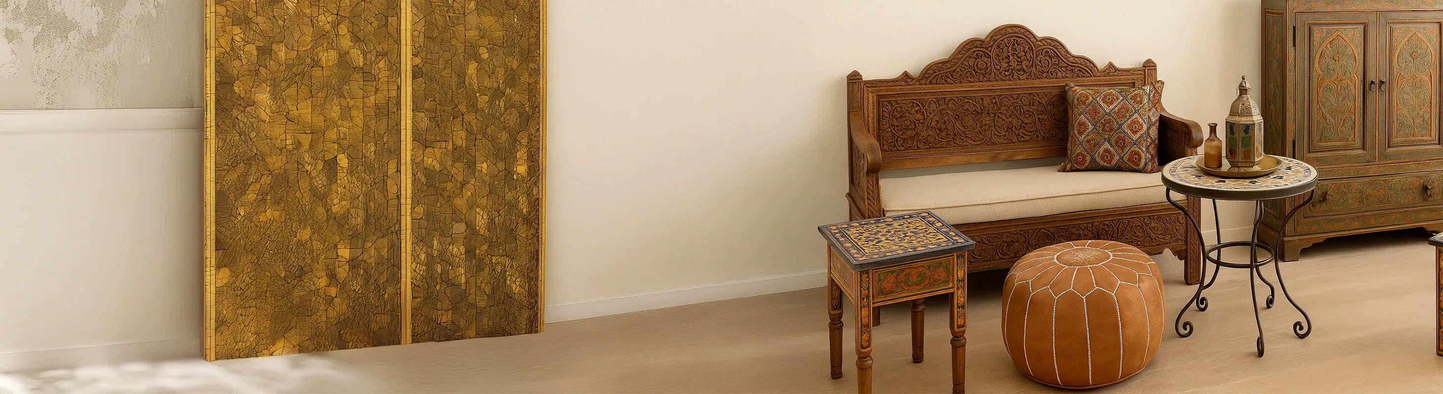Marokon huonekalut – Ein stilvoll eingerichtetes Wohnzimmer mit handgefertigten marokkanischen Möbeln aus Holz, Mosaik und Metall im orientalischen Design.
