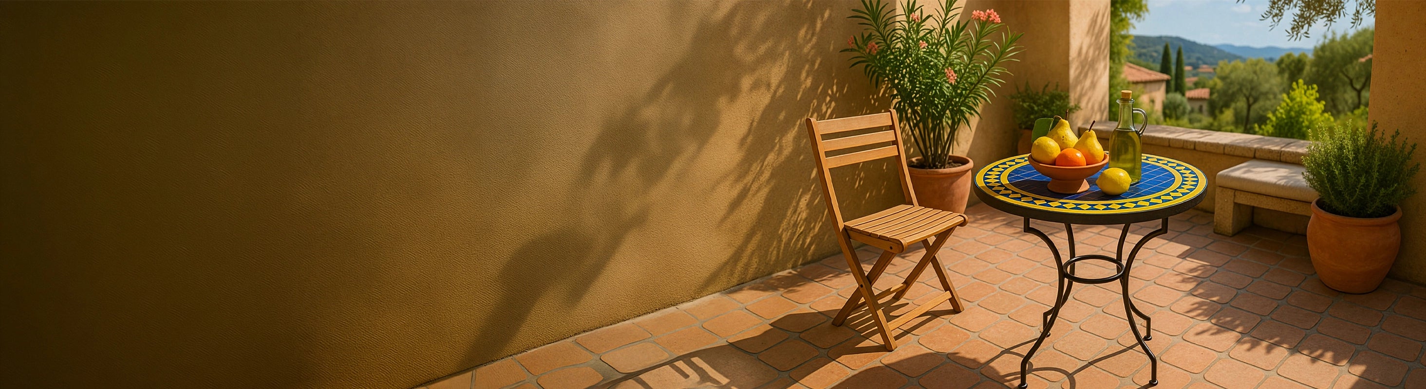 Mosaiikkipöydät Ø60 – Runder Mosaiktisch Ø60 cm mit blauen Zellige-Fliesen als Bistrotisch auf sonniger Terrasse mit Stuhl und mediterraner Umgebung – 2 Personen