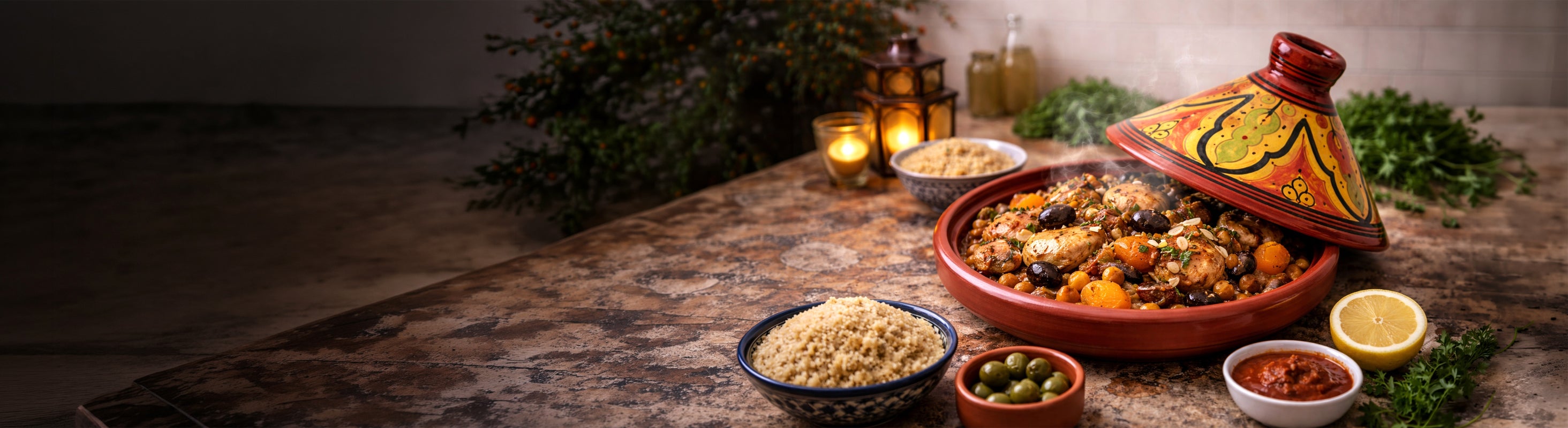 Tagine – Marokkolainen tagine perinteisenä savivuokana maalatulla kannella, täytettynä kanaa, vihanneksia ja oliiveja.