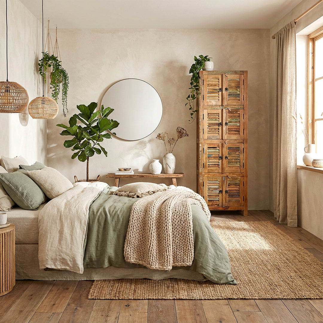 Massiivipuusta ja kierrätyspuusta valmistettu vintage-tyylinen kaappi, sijoitettu makuuhuoneeseen