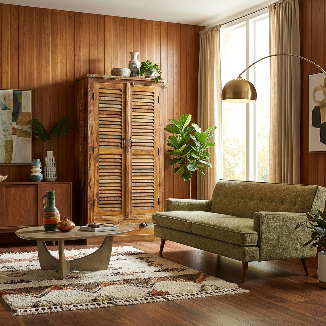 Vintage-tyylinen massiivipuuta ja kierrätettyä puuta kaappi sijoitettu retro-olohuoneeseen