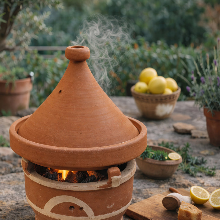 Mejmar savilämmitin hiilelle, marokkolainen tagine pöytägrilli avohiilloksella ulkoalueella
