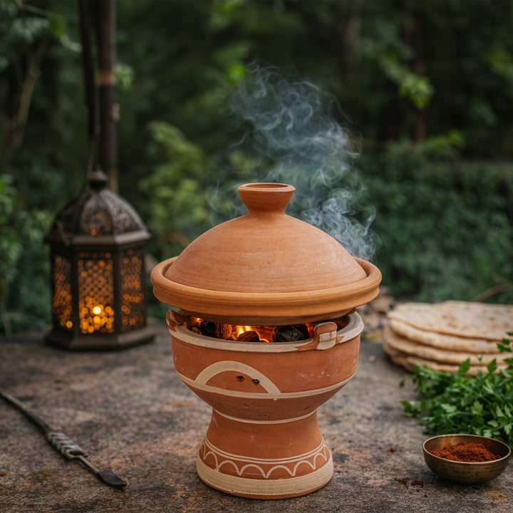 Mejmar savilämmitin hiilelle, marokkolainen tagine-pöytägrilli avohiilloksella puutarhassa