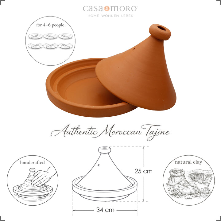 Tajine Marokosta 34 cm 4-6 hengelle, käsintehty ja luonnollinen