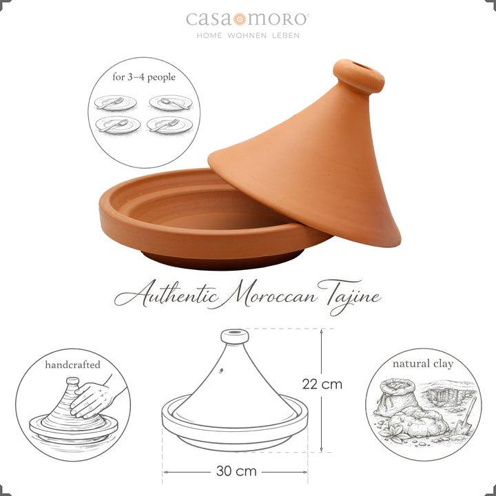 Tajine ilman lasitusta 30 cm Marokosta, 3-4 hengelle, käsintehty ja luonnollinen
