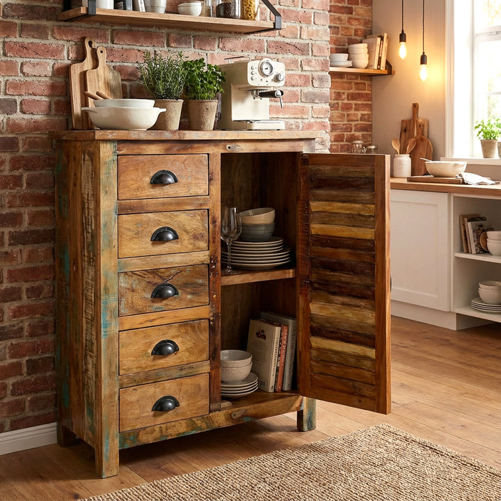 Massiivipuu highboard keittiössä, ovi auki, astiat sisustuksessa, lämmin vintage-kotimaisema