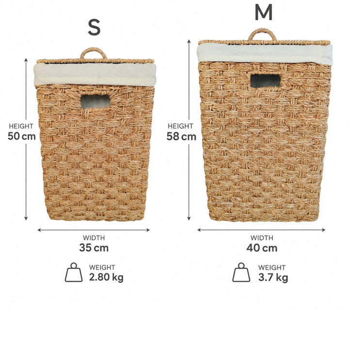 Neliönmuotoisten meriruohokorien mitat: S 35 × 35 × 50 cm, 2,8 kg, noin 55 litraa; M 40 × 40 × 58 cm, 3,7 kg, noin 85 litraa.