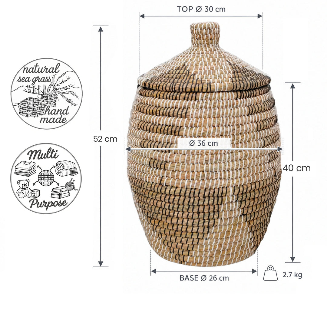Mitat: Meriruohokori, värit: luonnonväri/ruskea/musta/valkoinen, tilavuus noin 30 litraa, halkaisija enintään 36 cm ja korkeus kannen kanssa 52 cm.