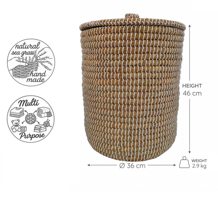 Wäschekorb aus Seegras in Natur/Weiß: Ø 36 cm, 46 cm Höhe, ca. 40 Liter Volumen und 2,9 kg Gewicht.