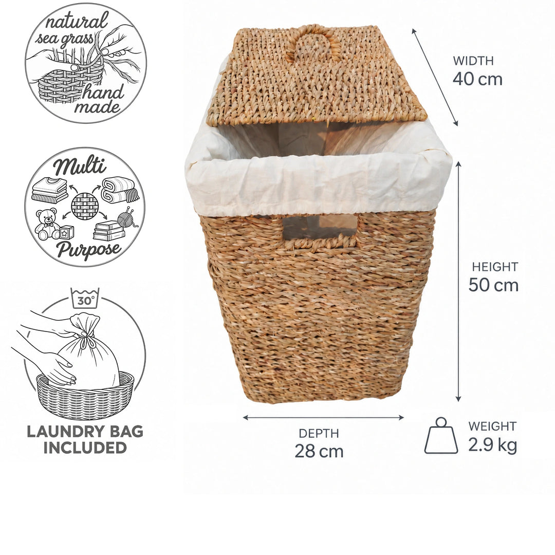 Meriruohosta valmistettu pyykkikori, tilavuus 50 litraa: leveys 40 cm, syvyys 28 cm, korkeus 50 cm, paino 2,9 kg; mukana kansi ja pyykkipussi.