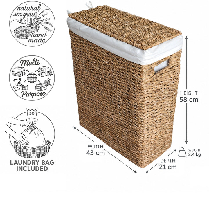 Kapea 45 l:n meriheinäinen pyykkikori: 43 × 21 × 58 cm (leveys × syvyys × korkeus), 2,4 kg, kansi ja pyykkipussi.