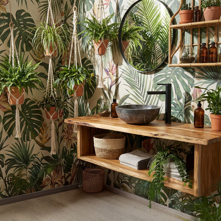 Luonnonkivestä valmistettu pyöreä työtaso pesuallas puisella alaosalla vihreässä boho-kylpyhuoneessa kasveilla, tapetilla ja mustilla huonekaluilla