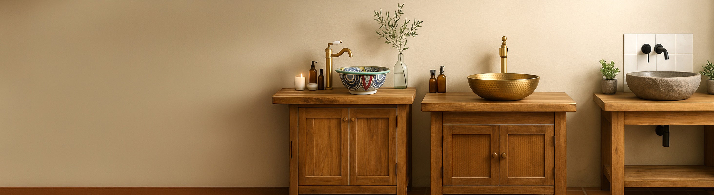 pesuallas – Drei hochwertige Waschbecken aus Naturstein, Metall und Keramik auf rustikalen Holz-Waschtischen vor heller Wand – modernes Showroom-Ambient